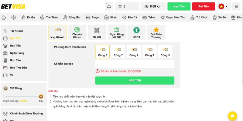 Điều kiện và các hình thức nạp tiền Betvisa được cung cấp